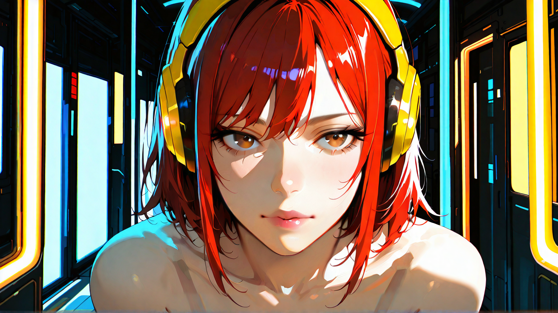 AI generated wallpaper featuring woman, headphones, hair, train, neon, glasses, ears, face, shoulders, lights