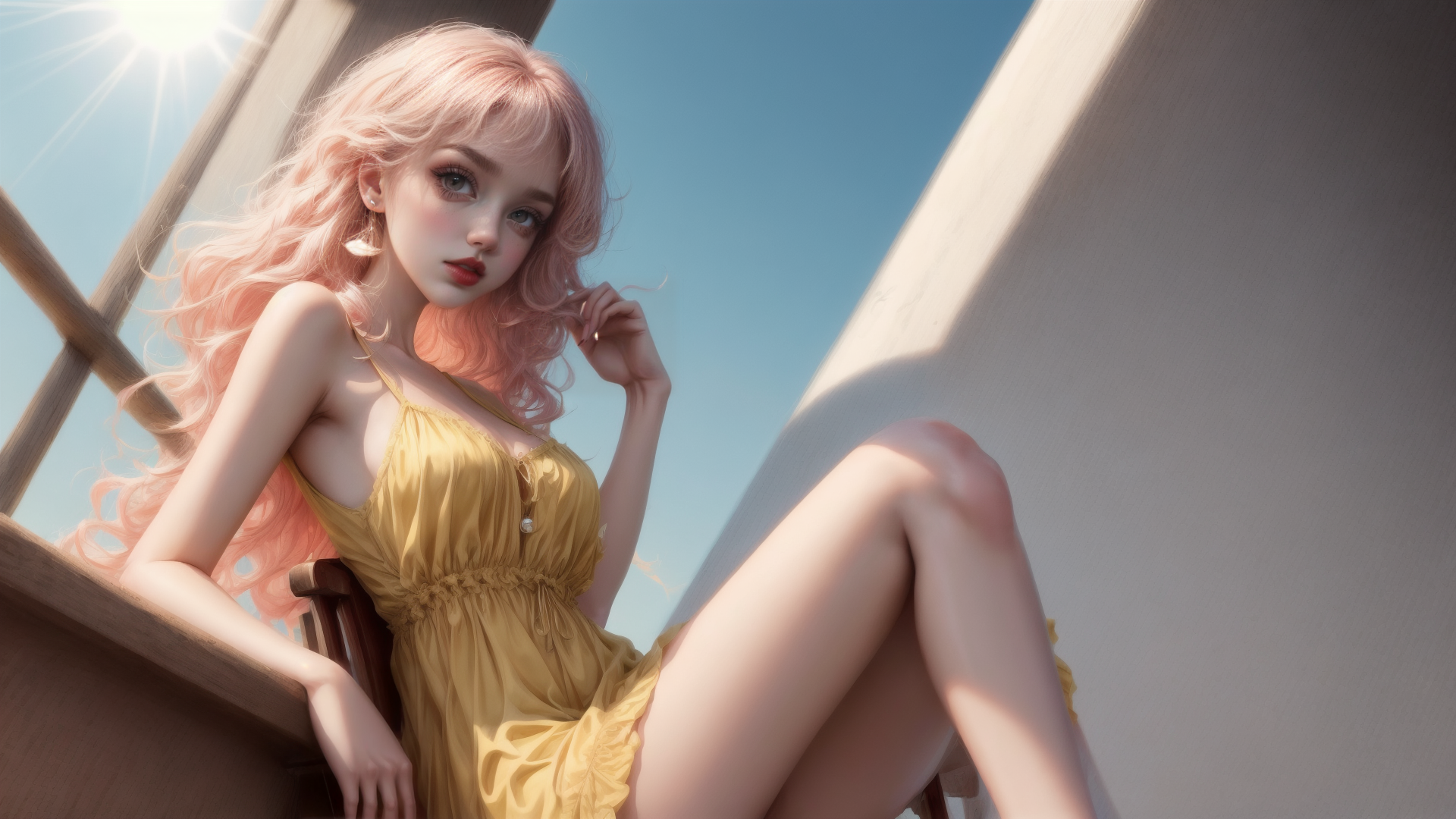 AI generated wallpaper featuring woman, sun, chair