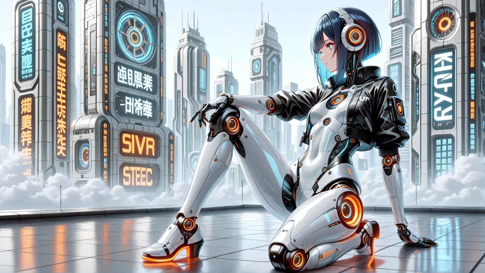 AI generated wallpaper featuring robot, cyberpunk, anime, character, cityscape