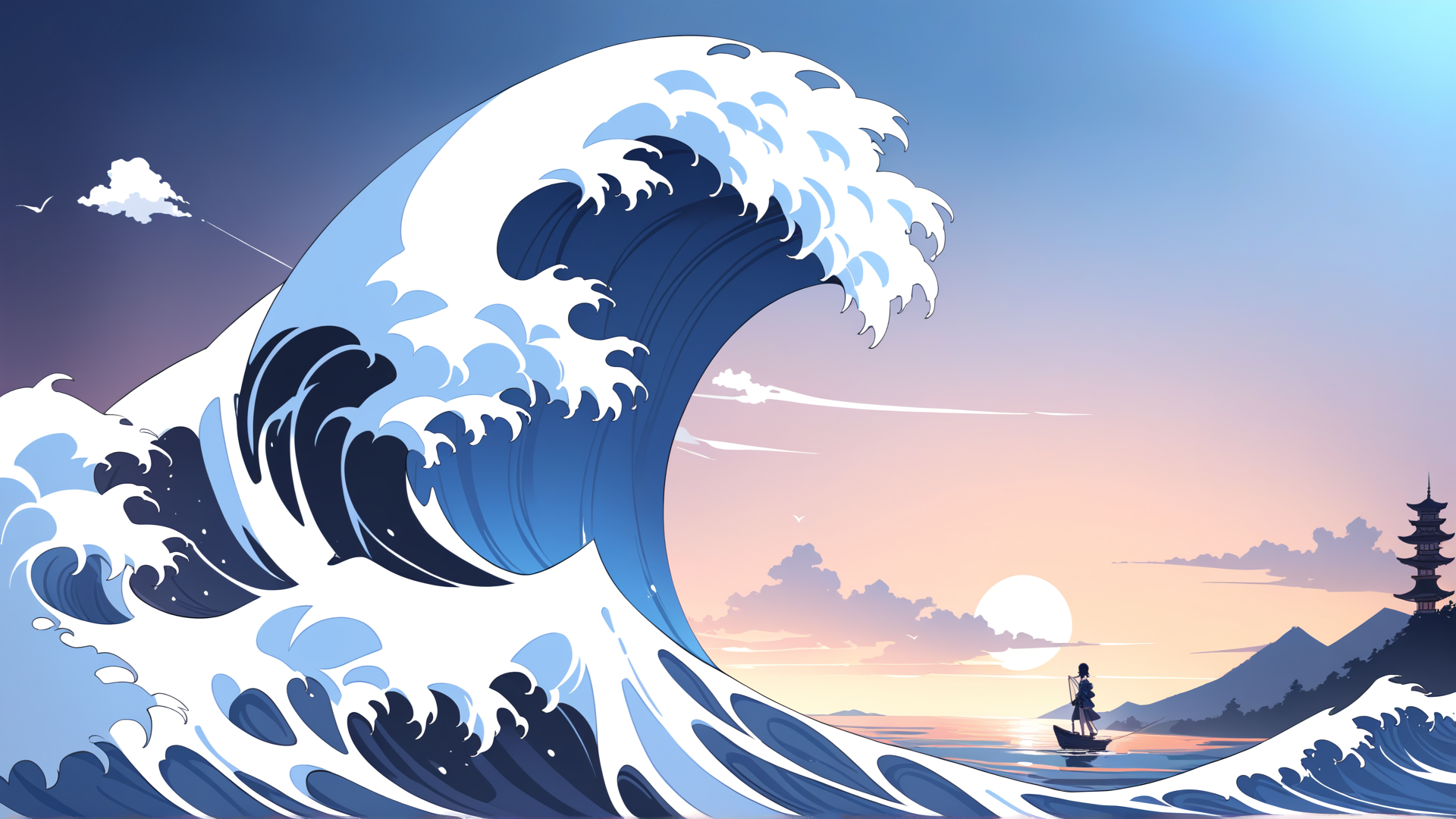 AI generated wallpaper featuring wave, boat, pagoda
