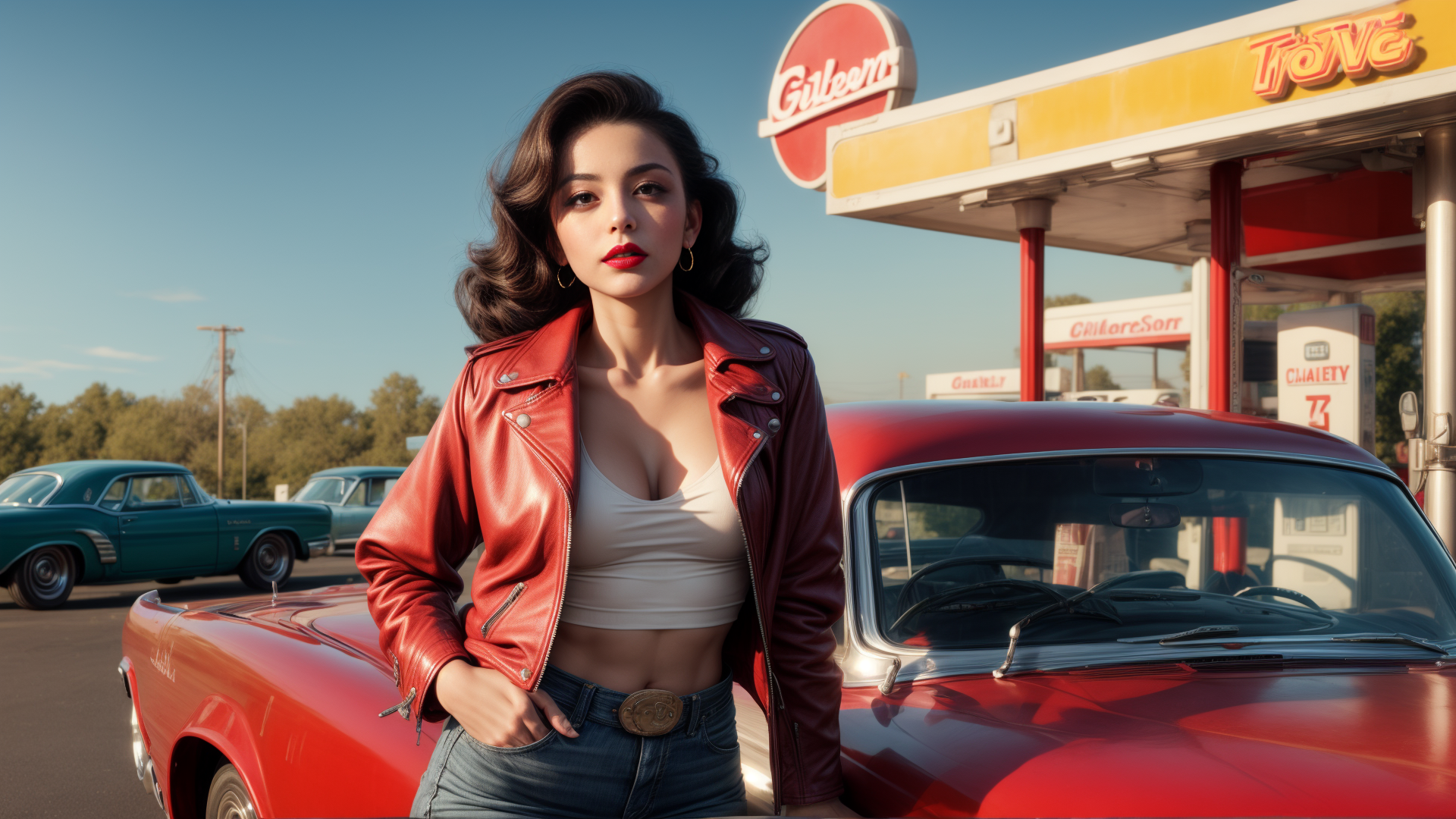 AI generated wallpaper featuring woman, car, gas station