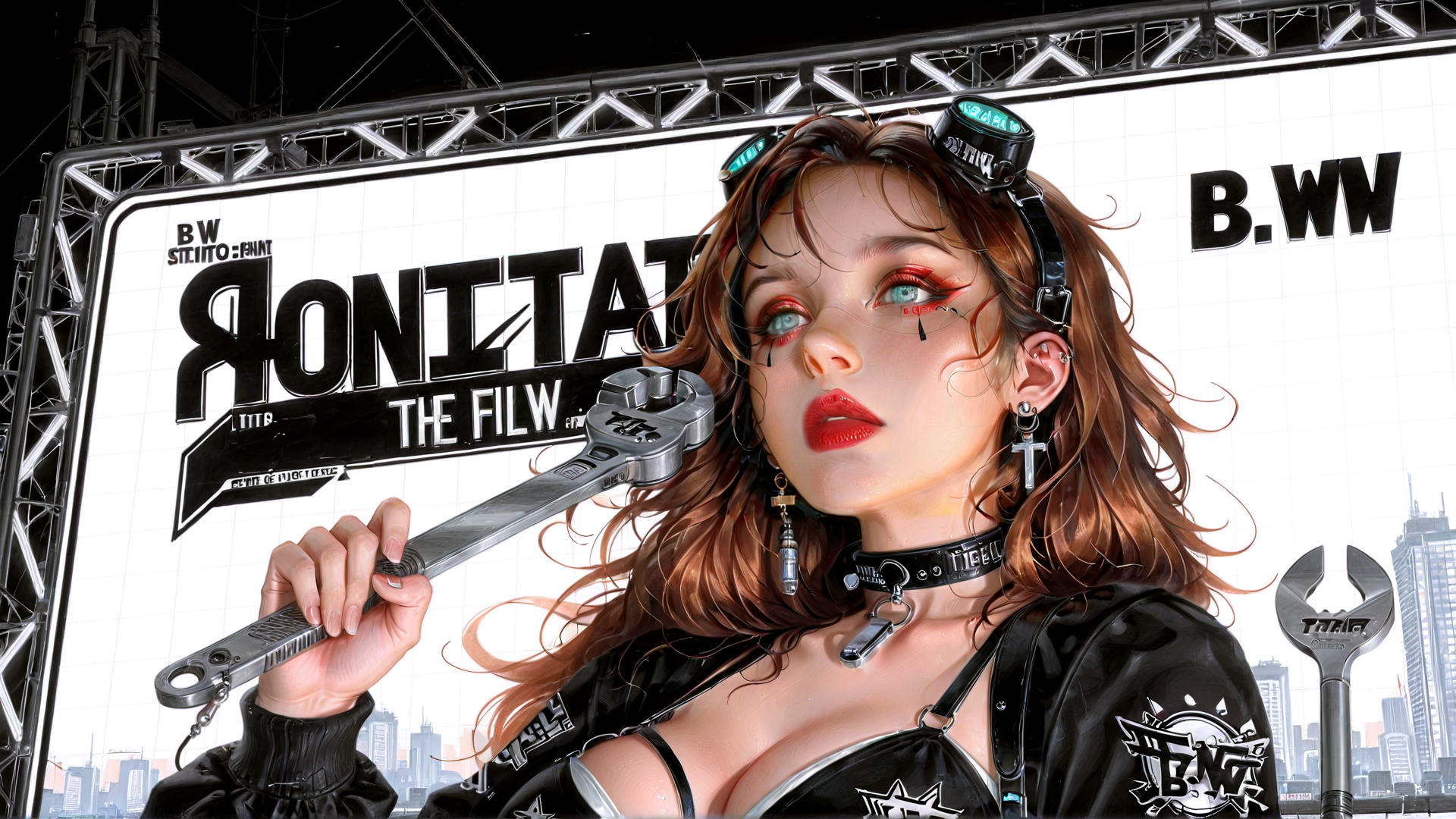 AI generated wallpaper featuring woman, wrench, banner, cityscape, goggles, choker, earrings, jacket, cross, tattoo