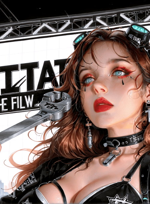 woman, wrench, banner, cityscape, goggles, choker, earrings, jacket, cross, tattoo