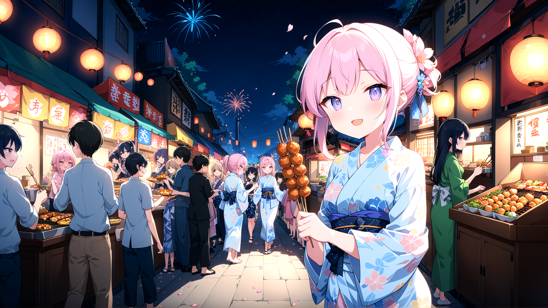 AI generated wallpaper featuring girl, street, food