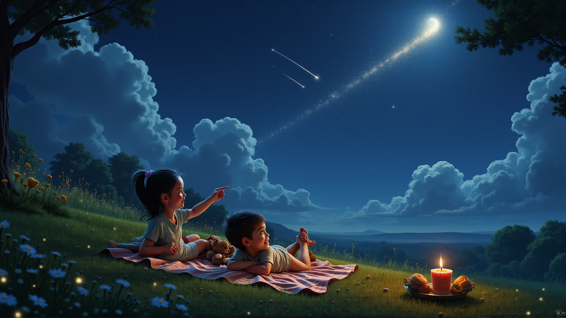 AI generated wallpaper featuring children, moon, stars, candle, teddy bear, grass, clouds, flowers, picnic blanket