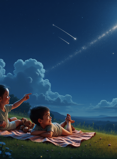 children, moon, stars, candle, teddy bear, grass, clouds, flowers, picnic blanket