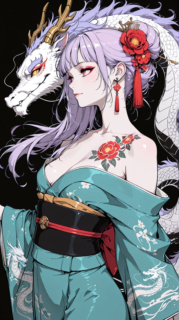 AI generated wallpaper featuring woman, dragon, kimonos