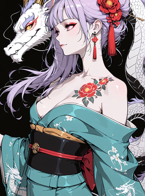 woman, dragon, kimonos