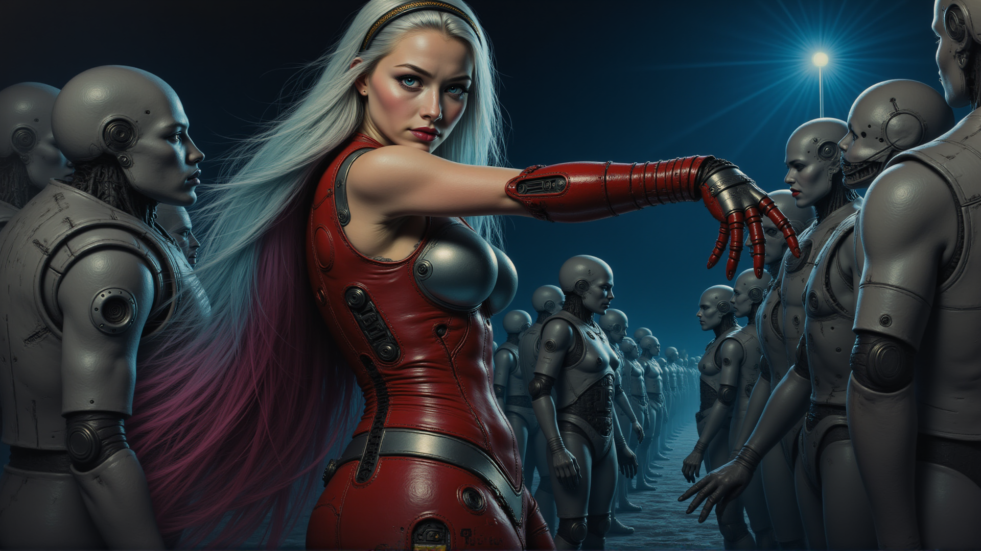 AI generated wallpaper featuring cyborg, robot, woman, fashion, arm, headband, laser, light