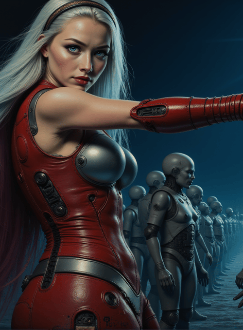 cyborg, robot, woman, fashion, arm, headband, laser, light