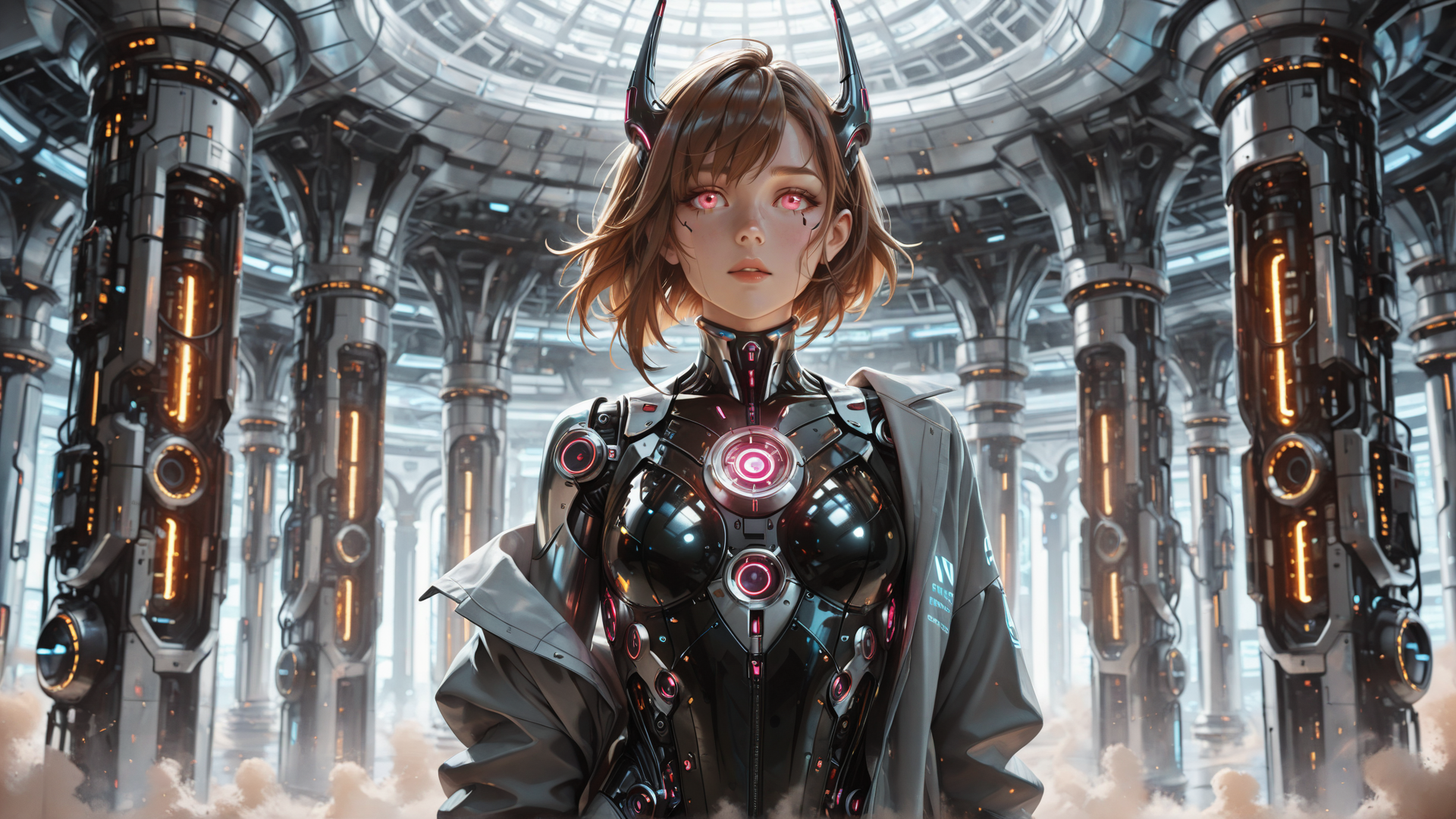 AI generated wallpaper featuring cyborg, female, robot, armor, glasses, antennae, neon, circuit, mechanical, futuristic