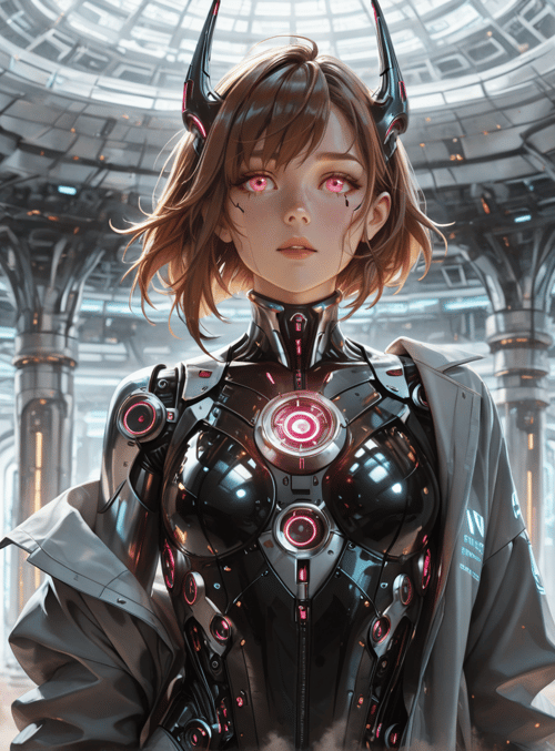cyborg, female, robot, armor, glasses, antennae, neon, circuit, mechanical, futuristic