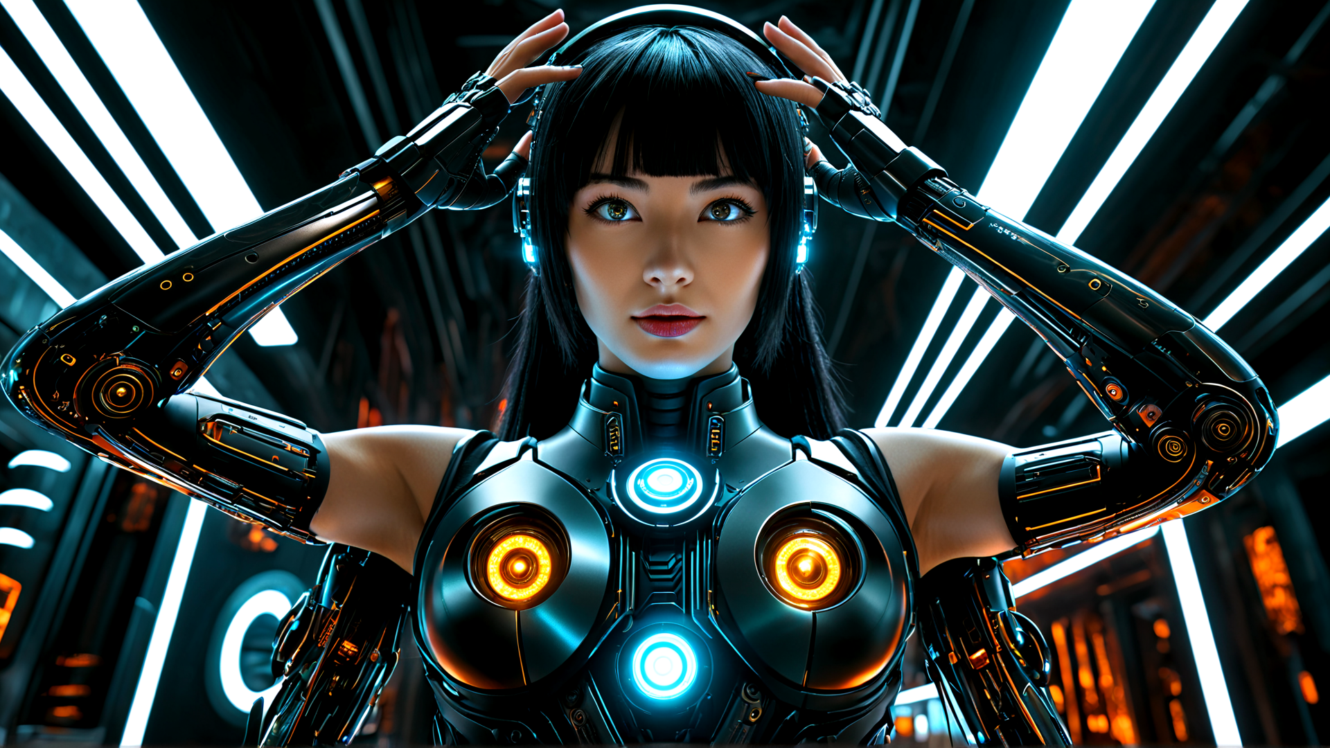 AI generated wallpaper featuring robot, cyborg, mechanical arms, neon lights, headset