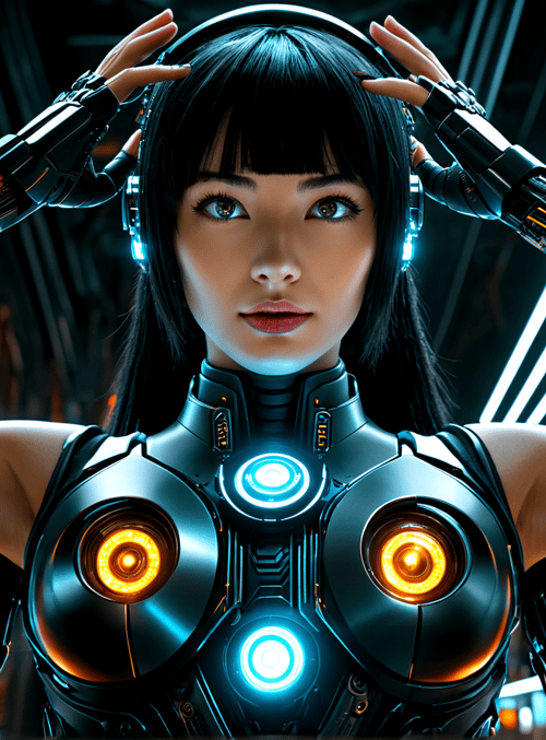 robot, cyborg, mechanical arms, neon lights, headset