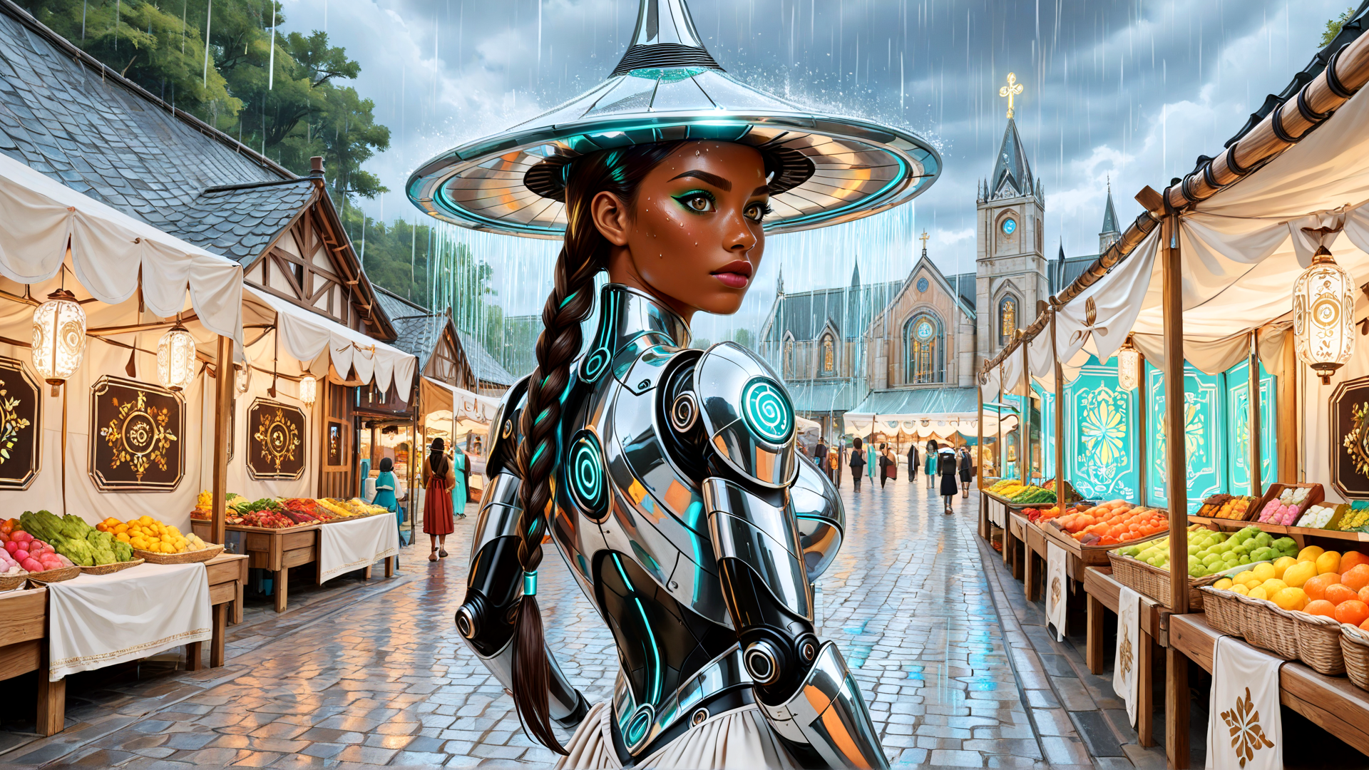 AI generated wallpaper featuring robot, market, marketplace, woman, market stall, fruit, church, umbrella, braid, rain