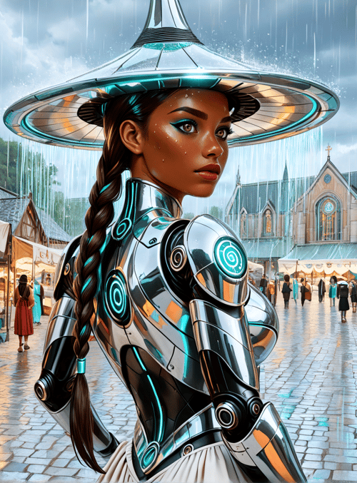 robot, market, marketplace, woman, market stall, fruit, church, umbrella, braid, rain