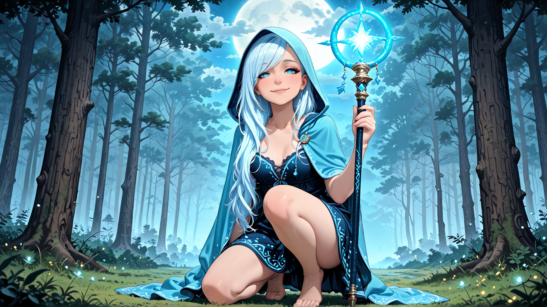 AI generated wallpaper featuring witch, forest, moon, magic wand, fairy, blue robe, glowing, fireflies, trees, grass
