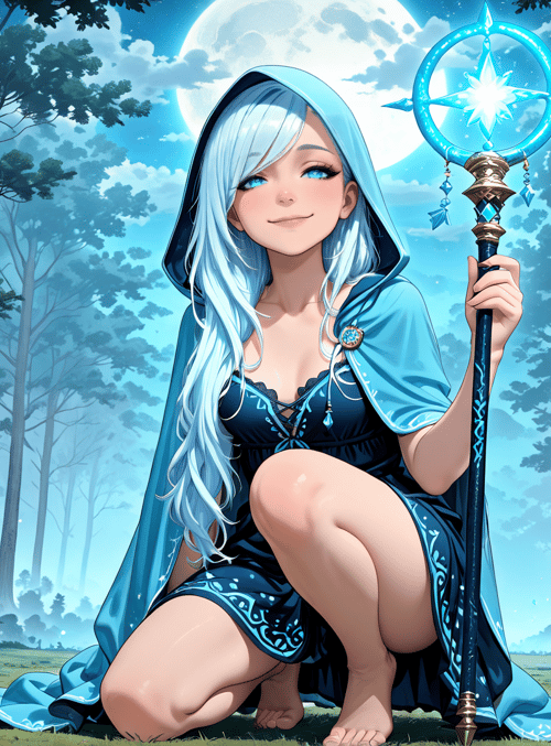 witch, forest, moon, magic wand, fairy, blue robe, glowing, fireflies, trees, grass