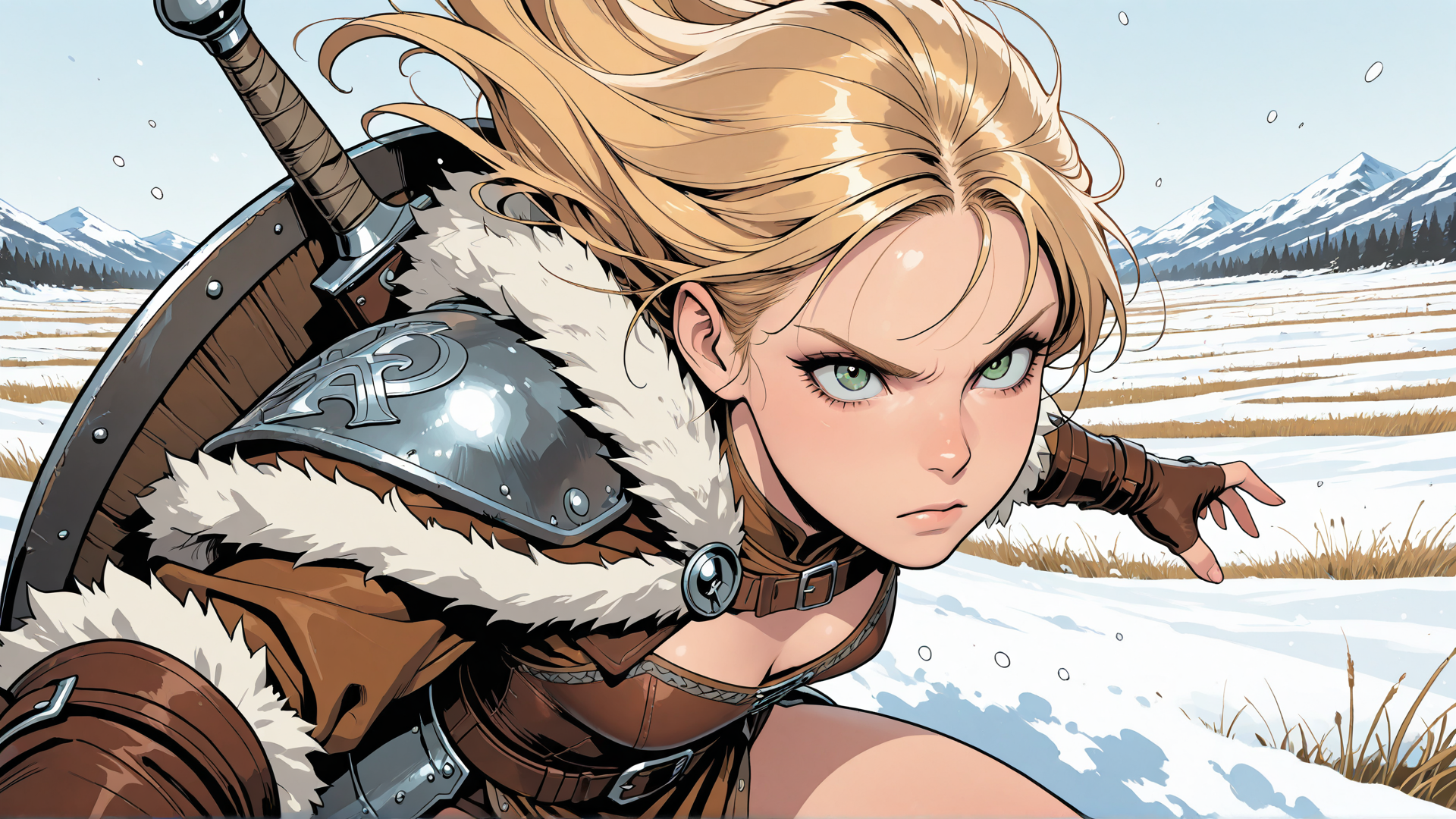 AI generated wallpaper featuring warrior, woman, blonde, sword, shield
