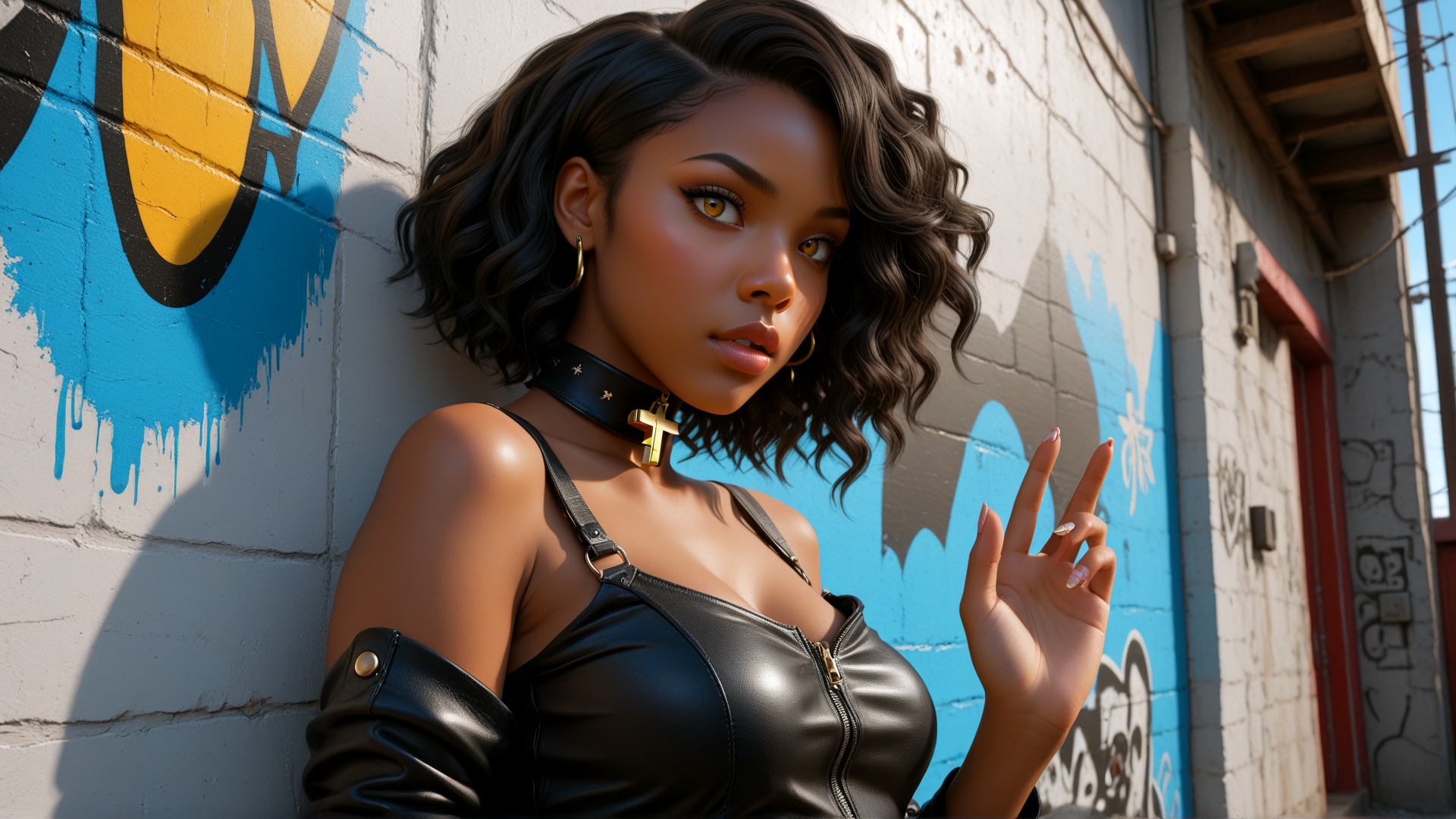 AI generated wallpaper featuring woman, graffiti, choker, leather, wall, fingers, hanger, cross, earring, gloved