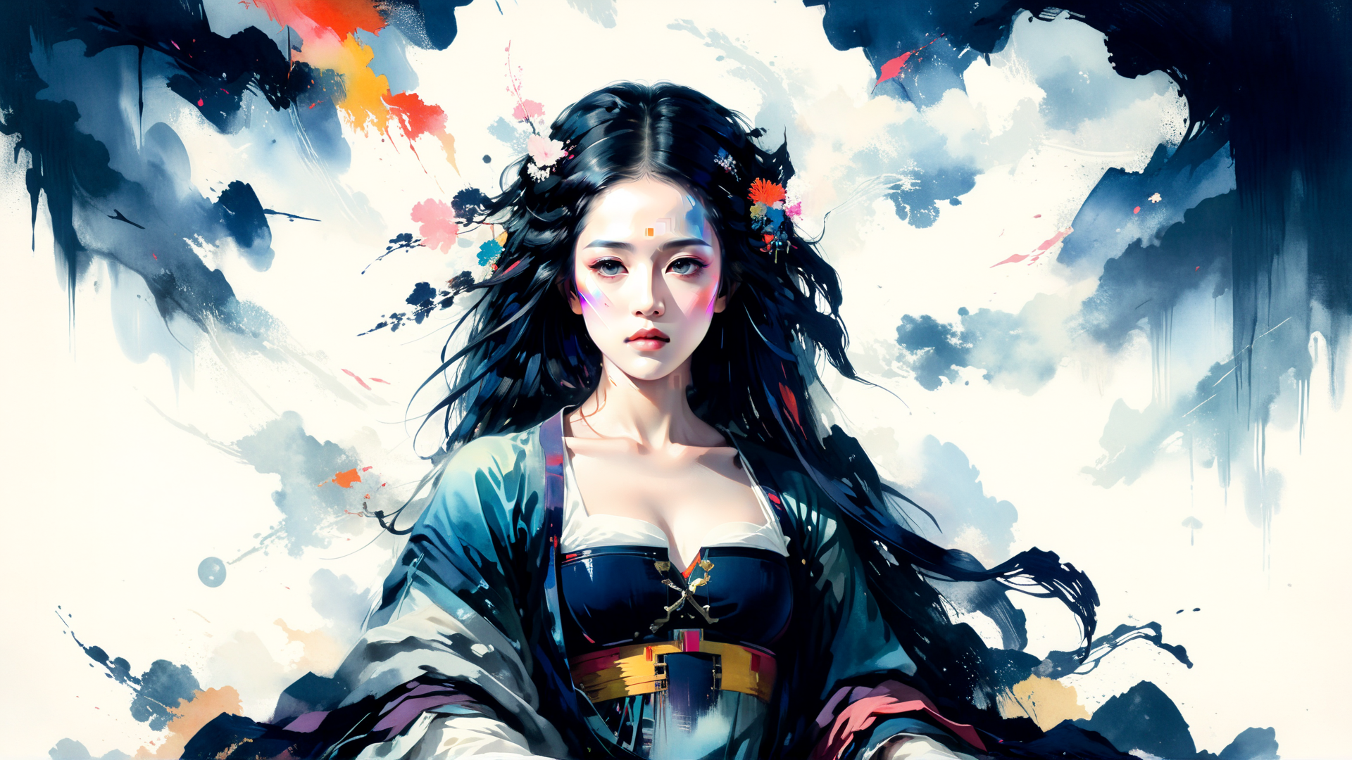 AI generated wallpaper featuring woman, silk, flowers, hair, kimono, paint, ink