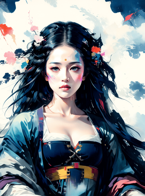 woman, silk, flowers, hair, kimono, paint, ink