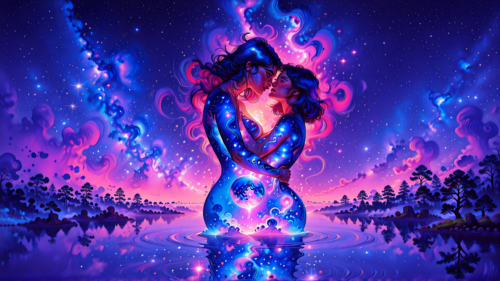 AI generated wallpaper featuring couple, stars, galaxy, water, trees