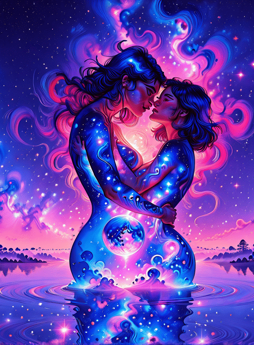 couple, stars, galaxy, water, trees
