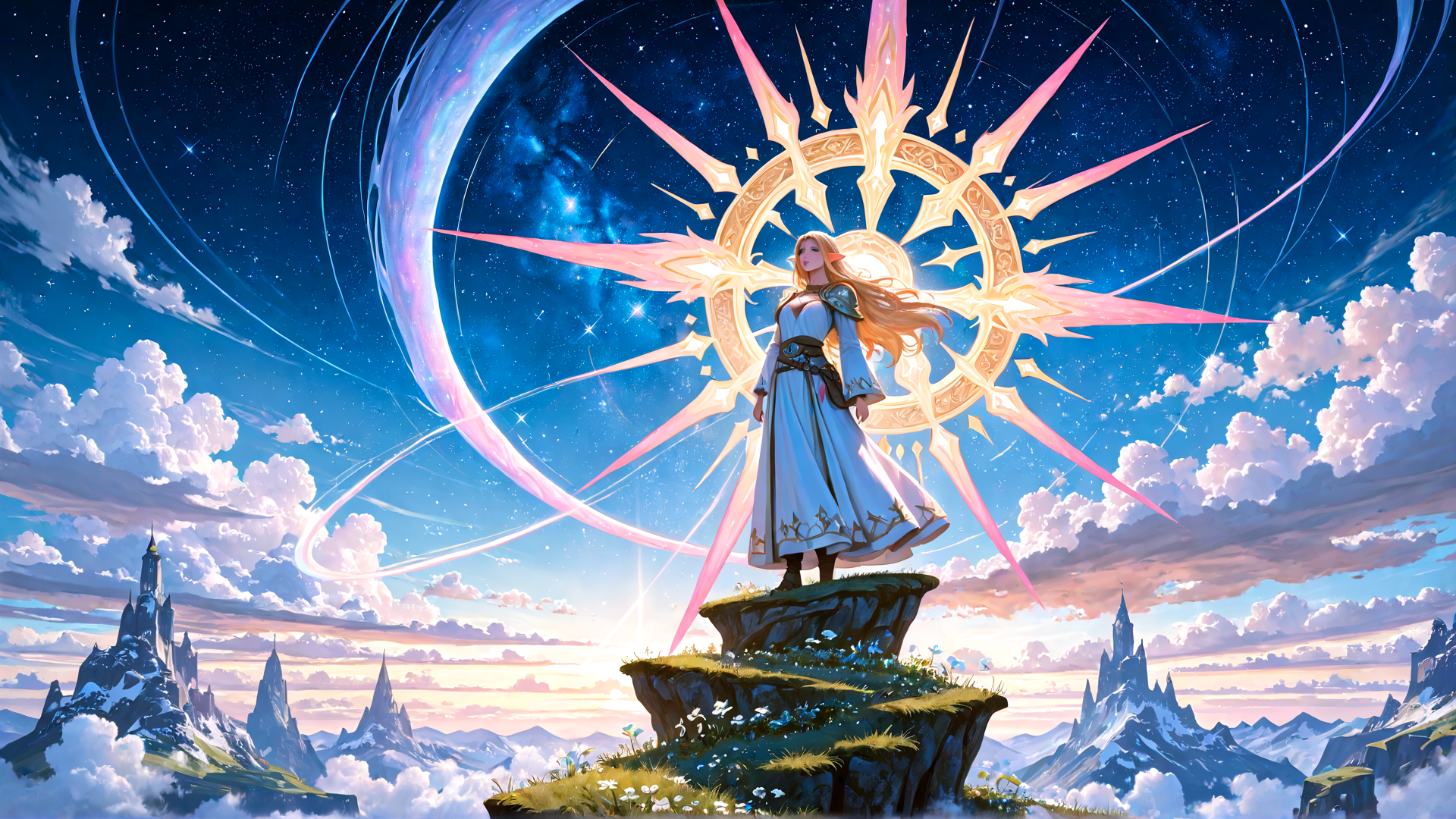AI generated wallpaper featuring elf, wizard, castle, mountain, cloud, star, sun, circle, light, flower