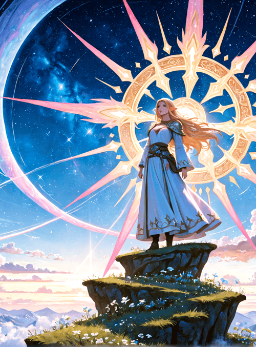 elf, wizard, castle, mountain, cloud, star, sun, circle, light, flower