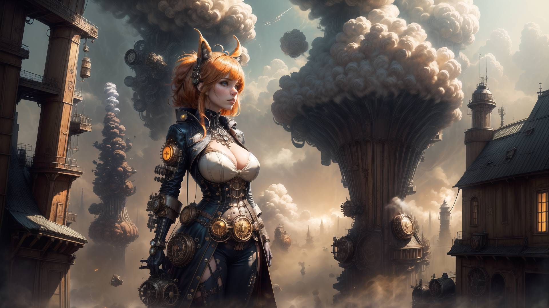 AI generated wallpaper featuring woman, steampunk, cityscape