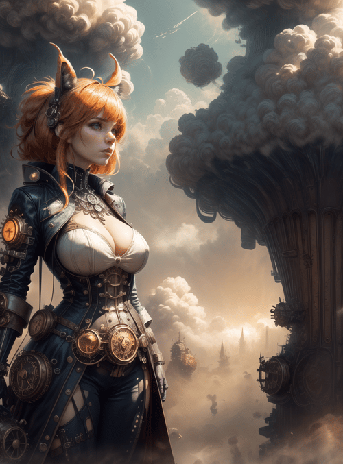 woman, steampunk, cityscape