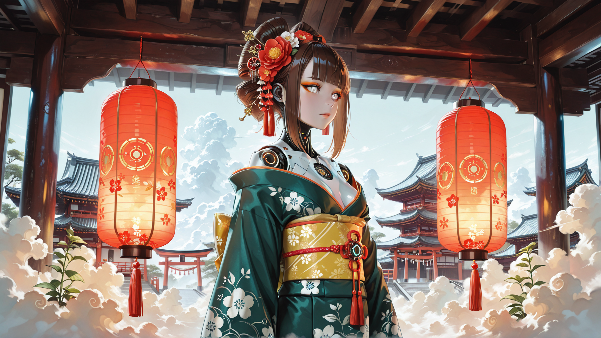 AI generated wallpaper featuring woman, lantern, kimono, traditional, building, cloud, flower