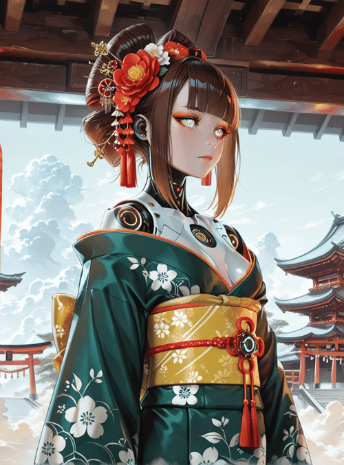 woman, lantern, kimono, traditional, building, cloud, flower