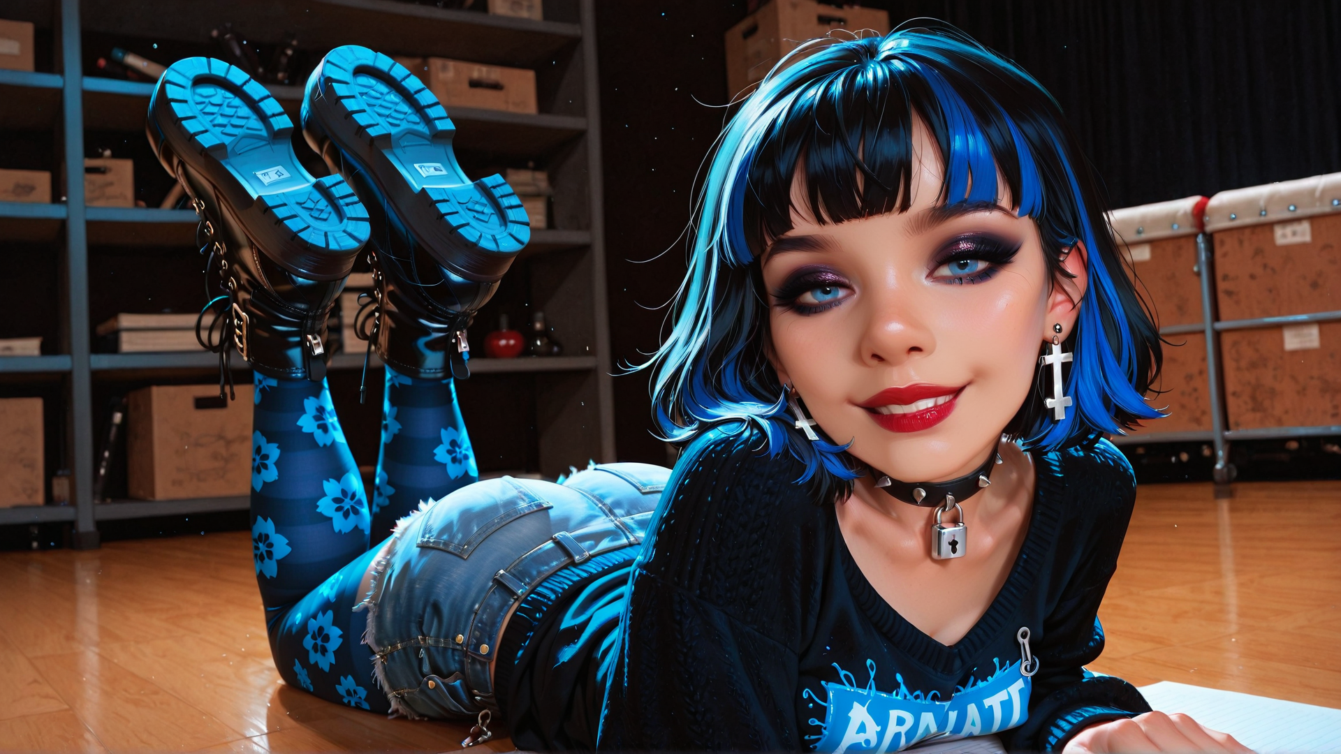 AI generated wallpaper featuring girl, boots, jeans, socks, choker, earrings, hair, shirt, boxes, shelves
