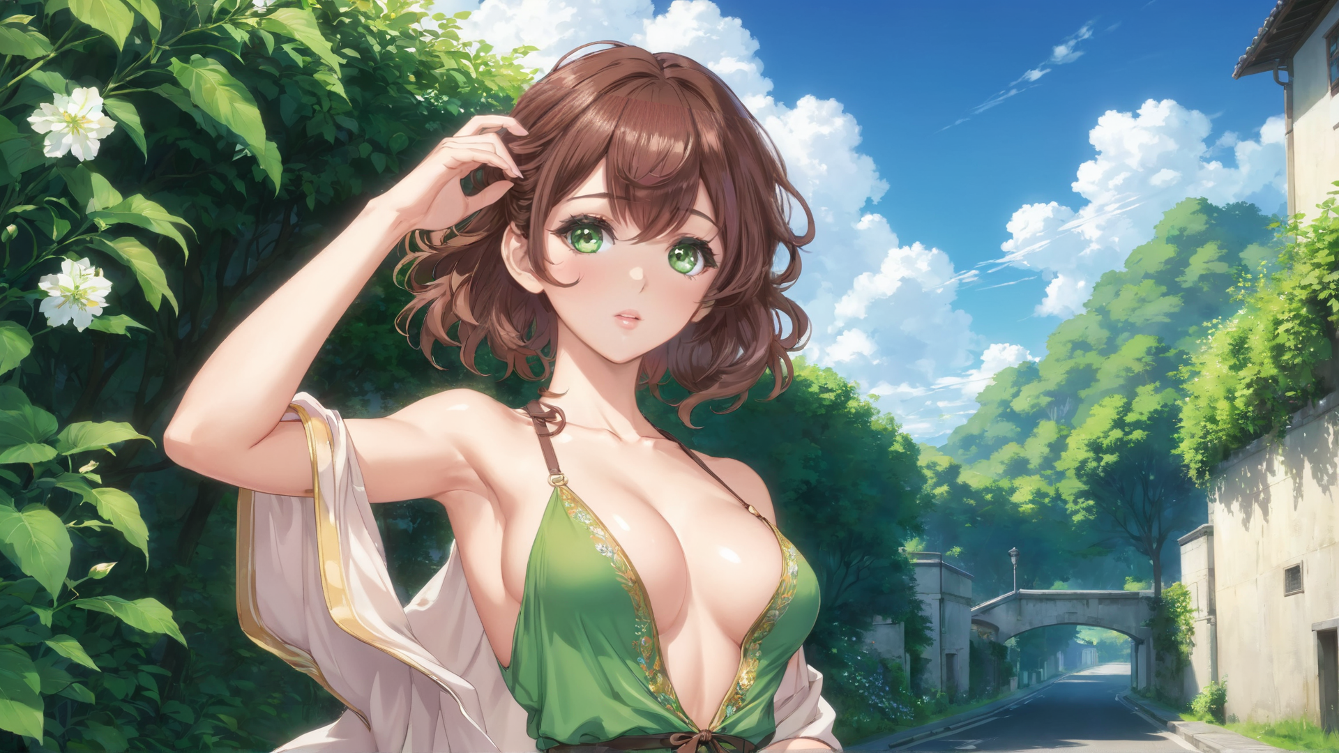 AI generated wallpaper featuring woman, tree, road