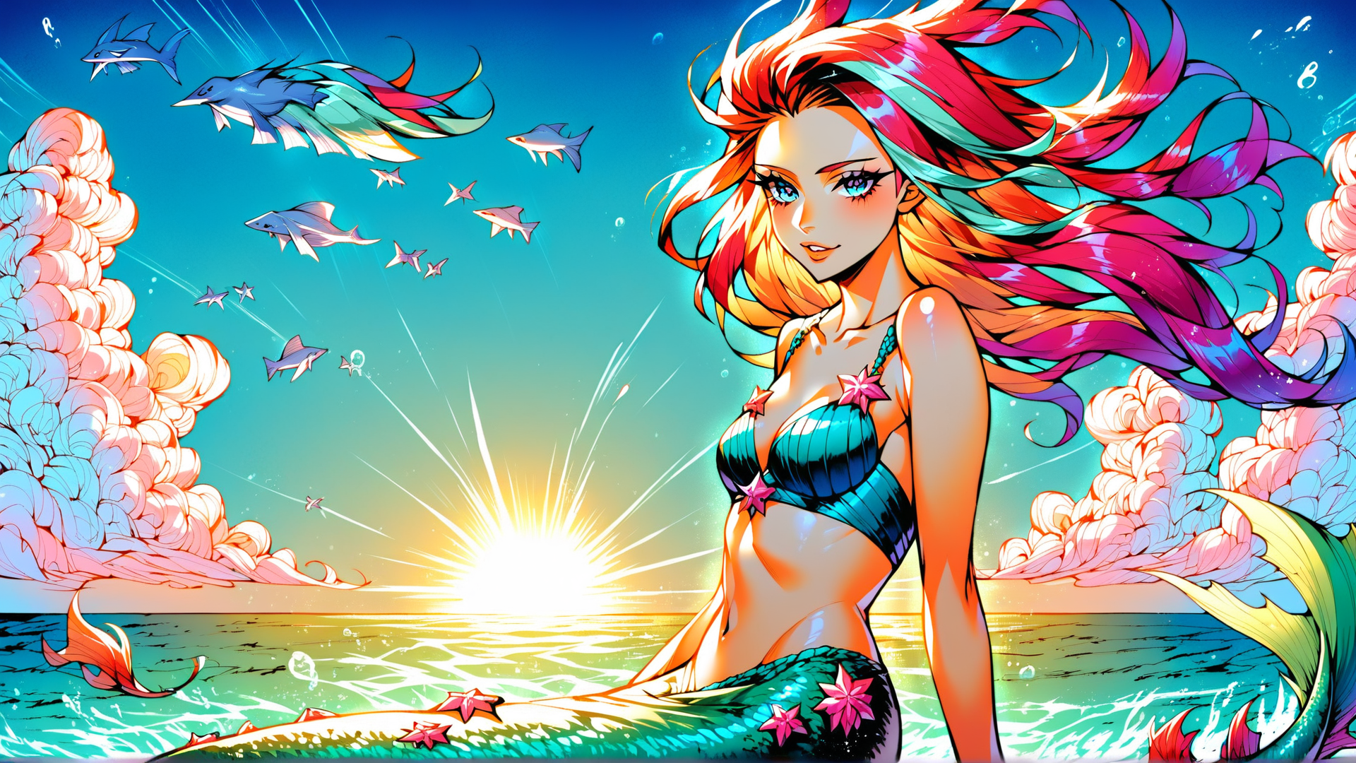 AI generated wallpaper featuring mermaid, fish, sun, clouds, starfish, ocean