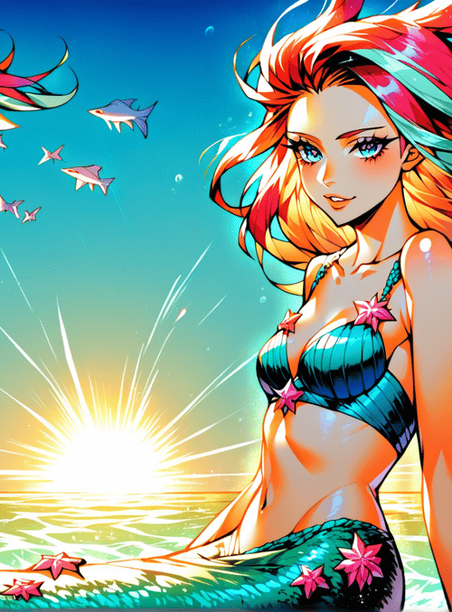 mermaid, fish, sun, clouds, starfish, ocean