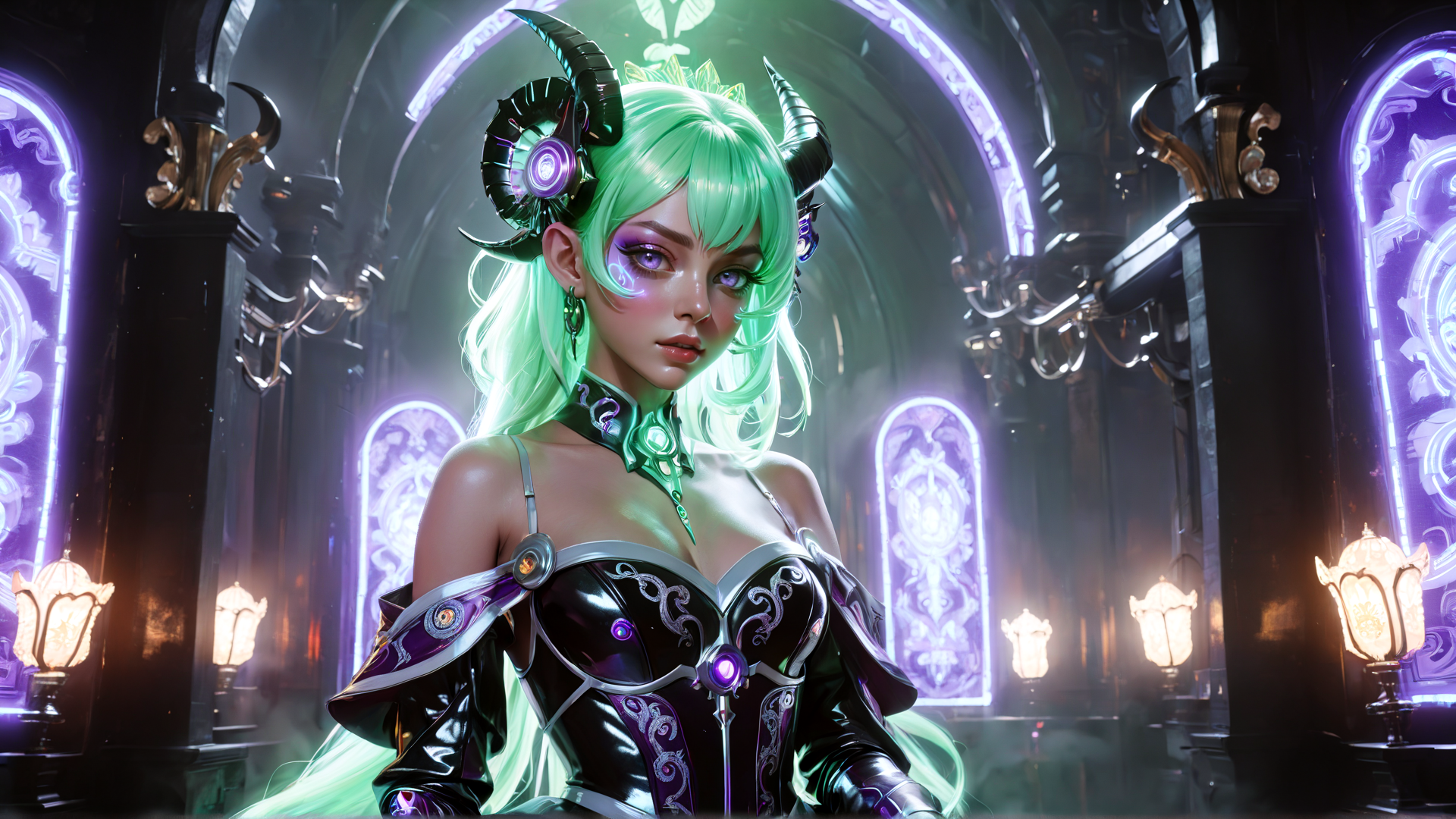 AI generated wallpaper featuring demon, female, cyberpunk, angel, character