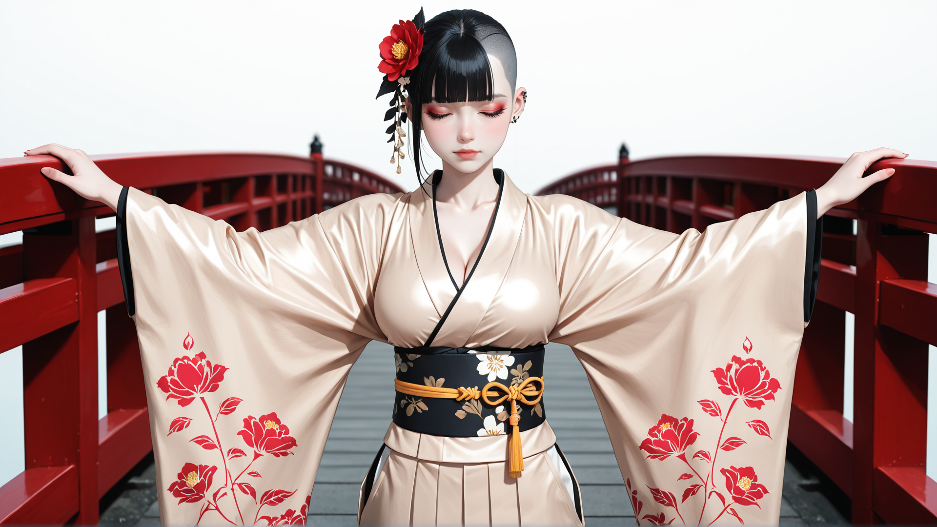 AI generated wallpaper featuring woman, kimono, bridge