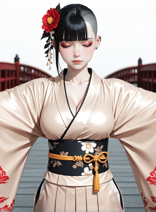 woman, kimono, bridge