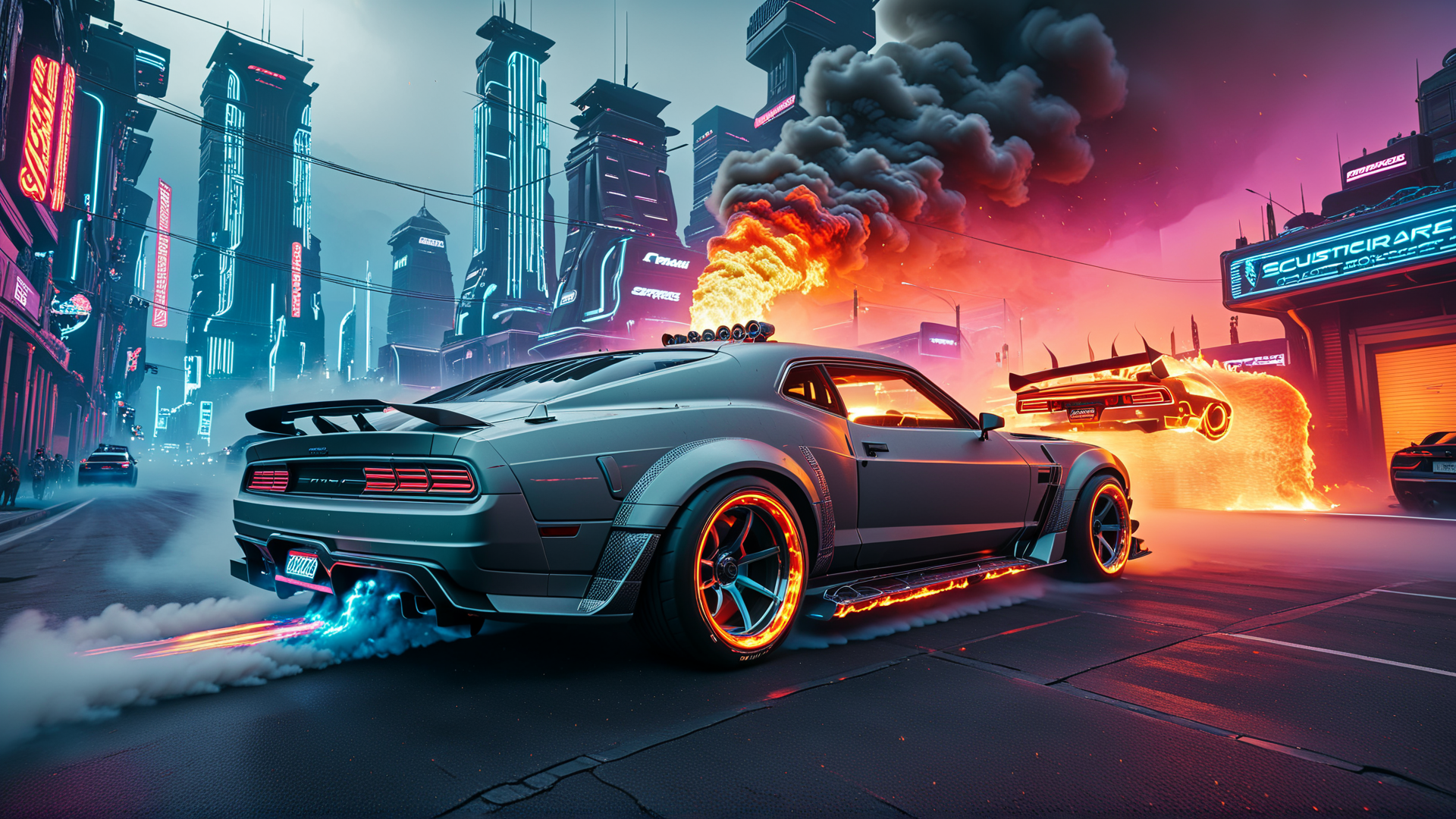 AI generated wallpaper featuring car, city, fire