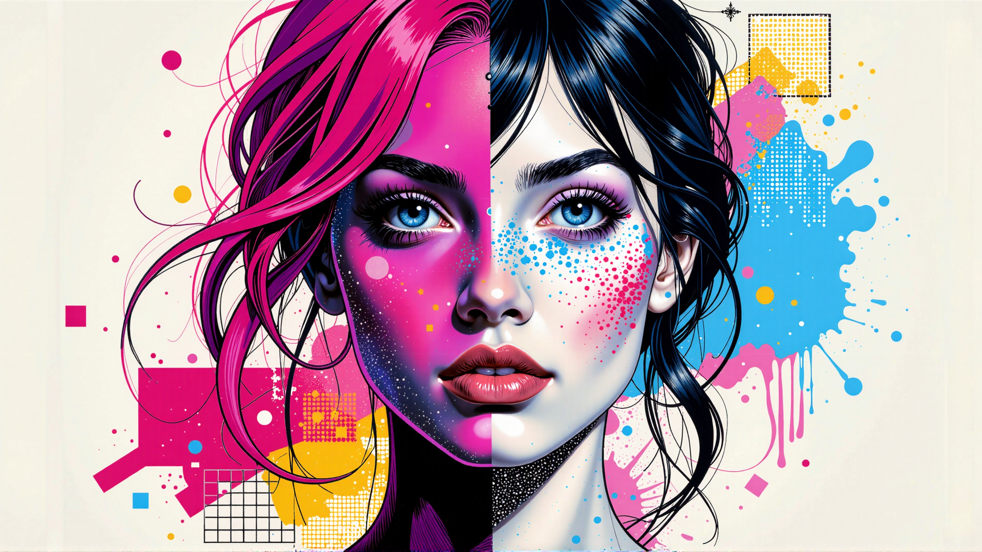 AI generated wallpaper featuring face, hair, splat, dots, grids, splatter, paint, art, woman, design