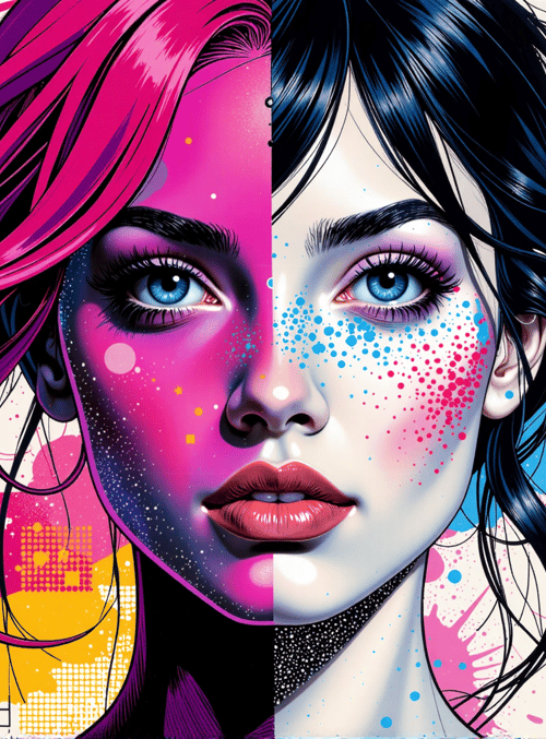 face, hair, splat, dots, grids, splatter, paint, art, woman, design
