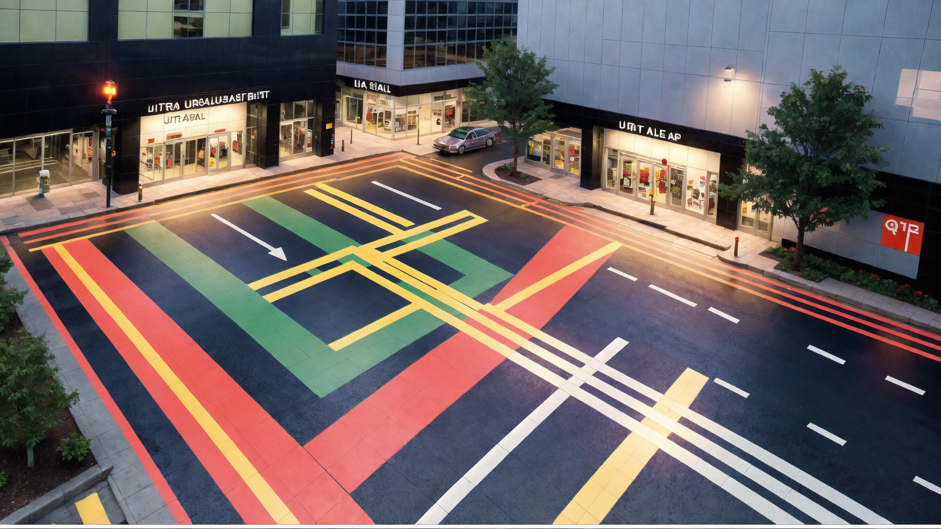AI generated wallpaper featuring street, crosswalk, buildings, storefronts, road, trees, cars, traffic lights, shopping center, signs
