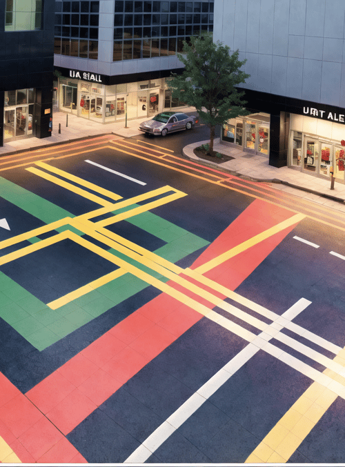 street, crosswalk, buildings, storefronts, road, trees, cars, traffic lights, shopping center, signs