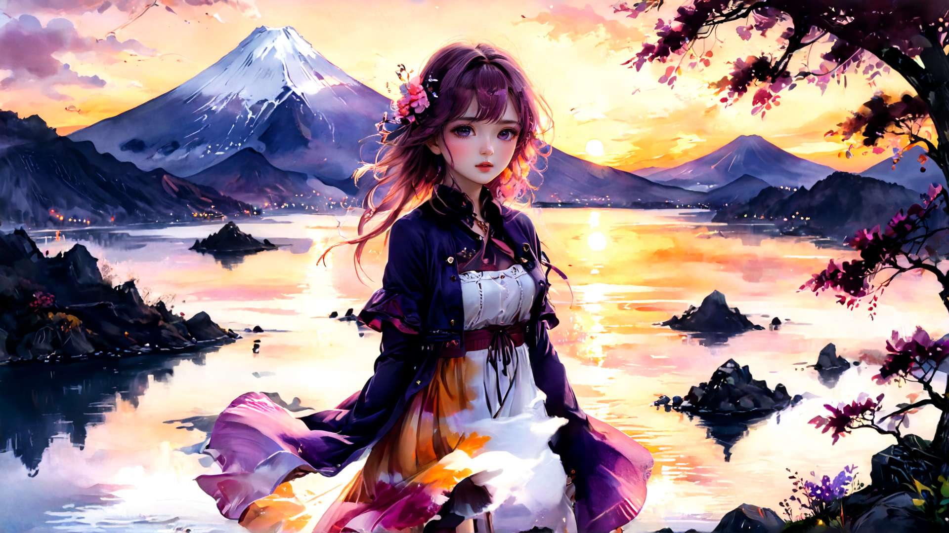 AI generated wallpaper featuring girl, mountain, lake