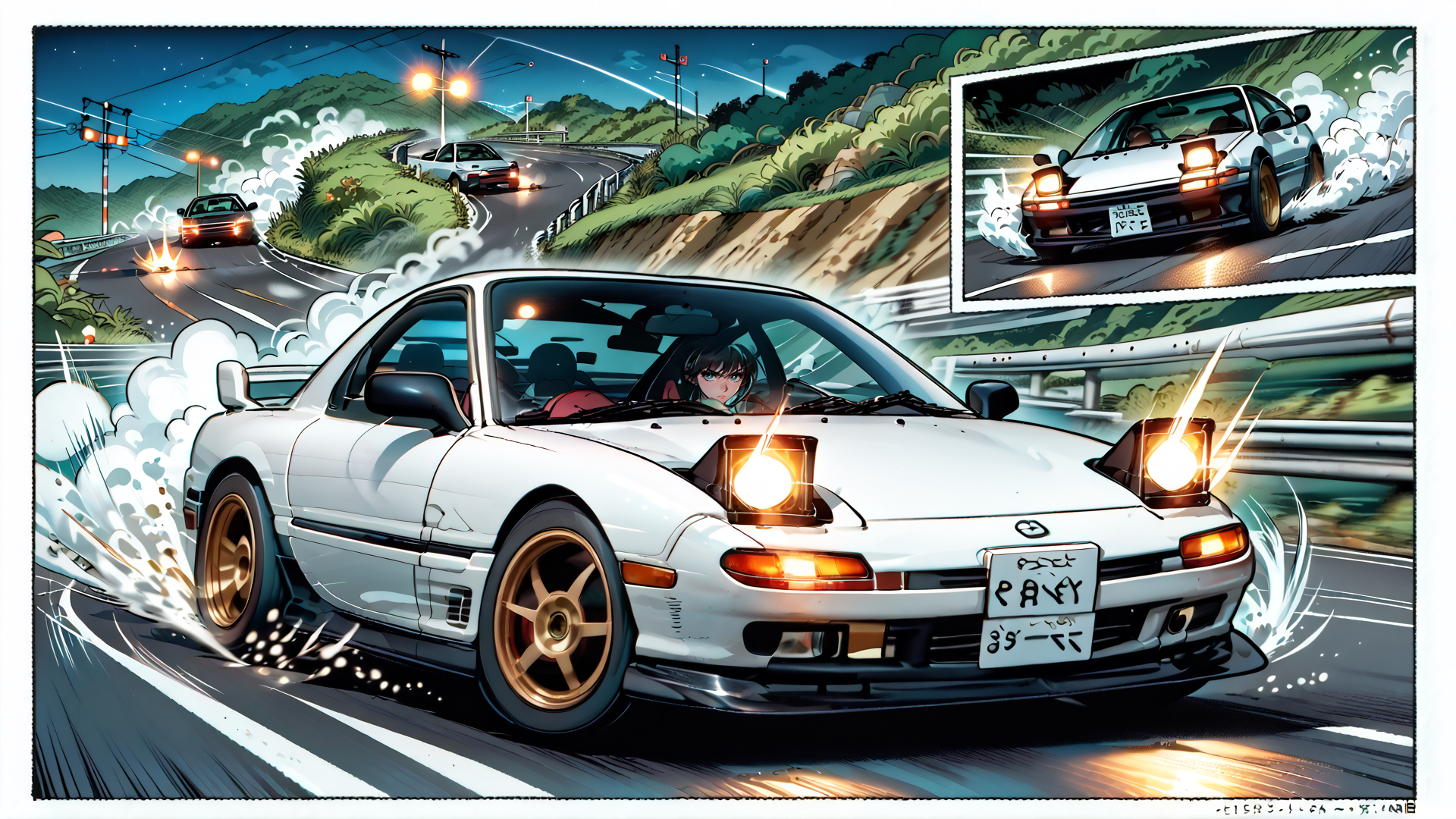 AI generated wallpaper featuring car, road, driver, drift, speed, nissan, street, vehicle, license plate, tire