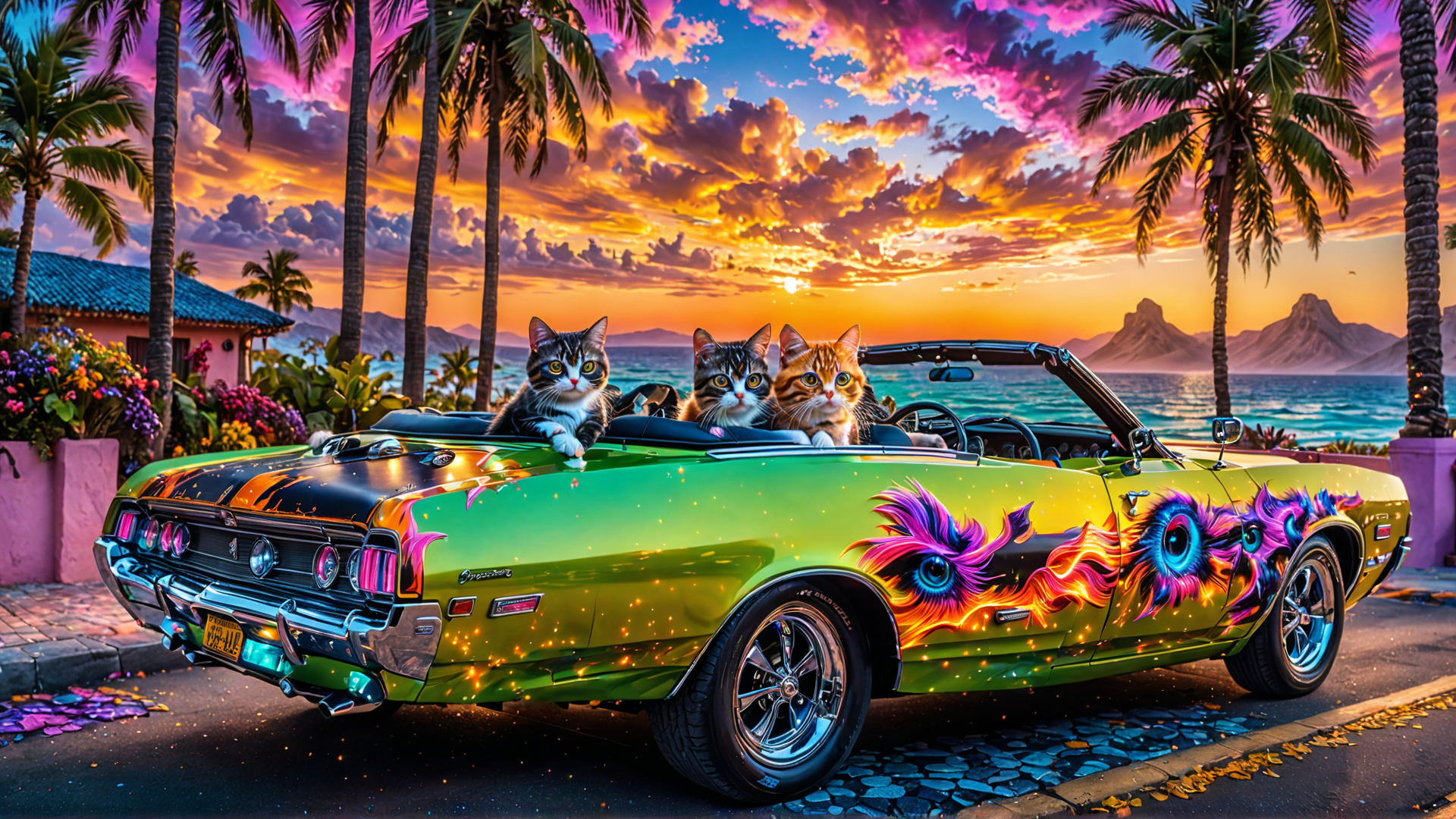 AI generated wallpaper featuring cats, car, palm trees