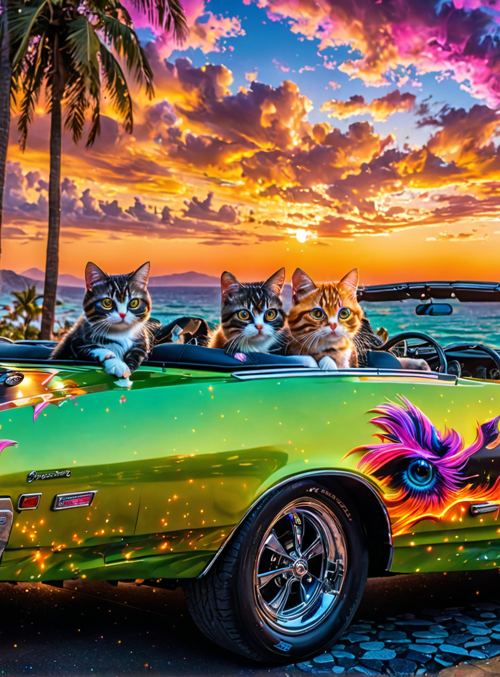 cats, car, palm trees